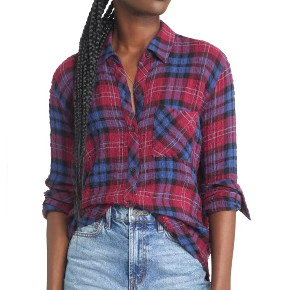 Rails Brady Mulberry Blue Plaid Flannel Button Down Shirt Cozy Soft Size S